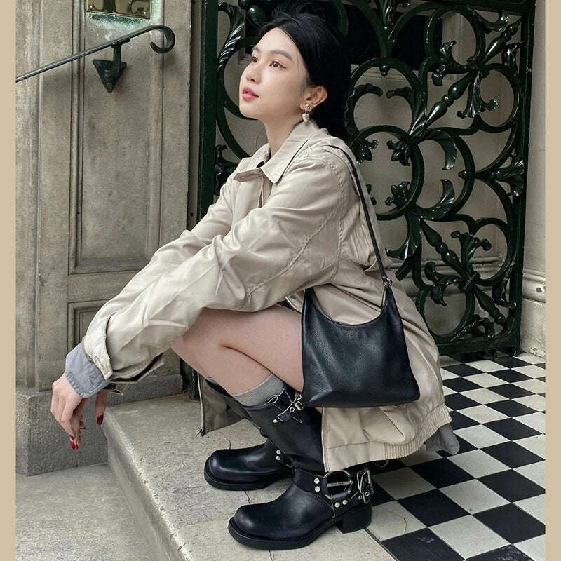 KIMLUD, Brown Miu Women's Winter High Boots 2023 Autumn Genuine Leather High Heel Square Head Sleeve Motorcycle Rider Ankle Boots, KIMLUD Womens Clothes