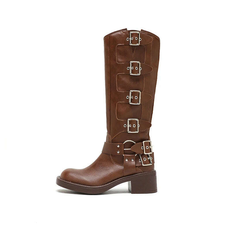 KIMLUD, Brown Miu Women's Winter High Boots 2023 Autumn Genuine Leather High Heel Square Head Sleeve Motorcycle Rider Ankle Boots, KIMLUD Womens Clothes