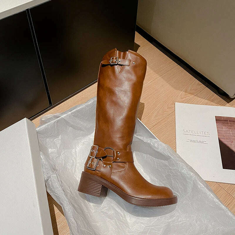 KIMLUD, Brown Miu Women's Winter High Boots 2023 Autumn Genuine Leather High Heel Square Head Sleeve Motorcycle Rider Ankle Boots, Zongzi color / 38 / CHINA, KIMLUD Womens Clothes