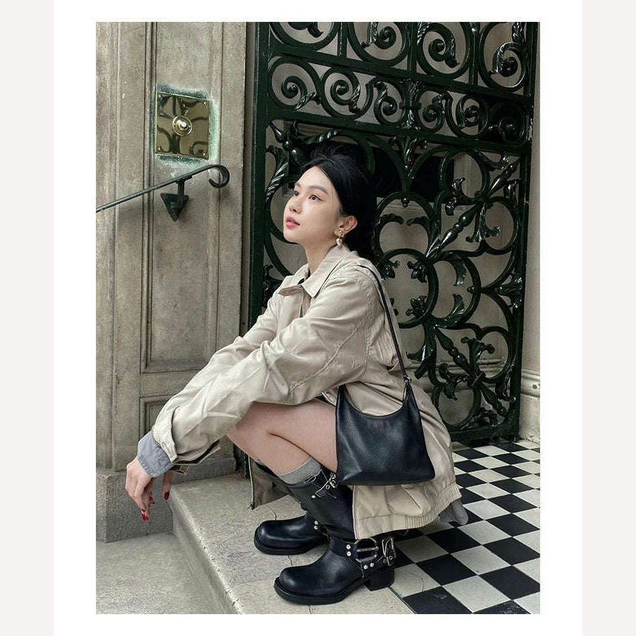 KIMLUD, Brown Miu Women's Winter High Boots 2023 Autumn Genuine Leather High Heel Square Head Sleeve Motorcycle Rider Ankle Boots, KIMLUD Womens Clothes
