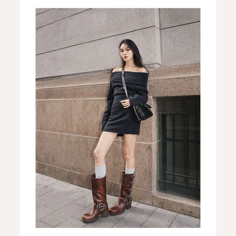 KIMLUD, Brown Miu Women's Winter High Boots 2023 Autumn Genuine Leather High Heel Square Head Sleeve Motorcycle Rider Ankle Boots, KIMLUD Womens Clothes