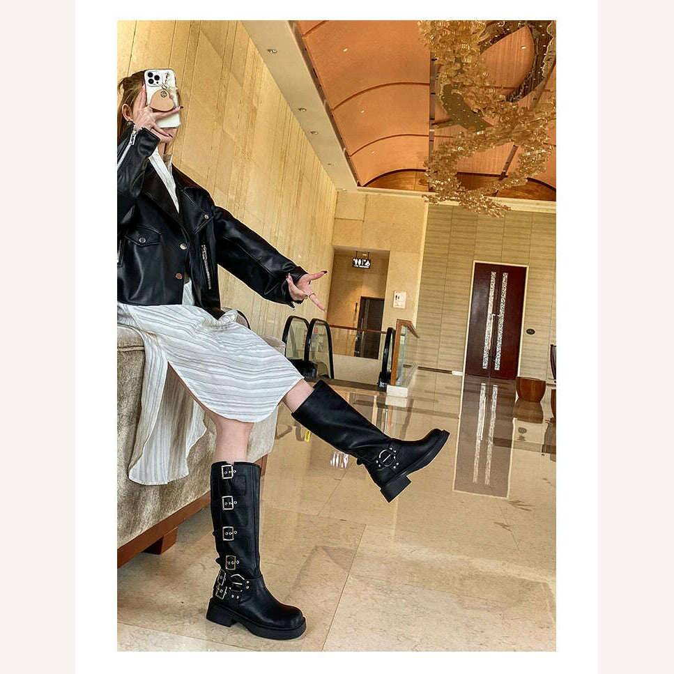 KIMLUD, Brown Miu Women's Winter High Boots 2023 Autumn Genuine Leather High Heel Square Head Sleeve Motorcycle Rider Ankle Boots, KIMLUD Womens Clothes