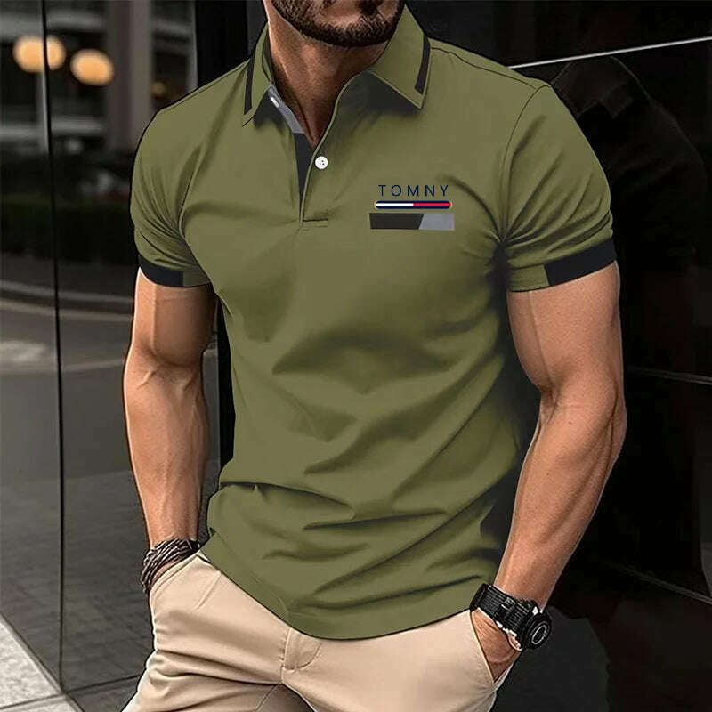 KIMLUD, Bss summer new men's casual short sleeved polo shirt Office Fashion striped printed T-shirt men's sportswear men's clothing, army green / S, KIMLUD Womens Clothes