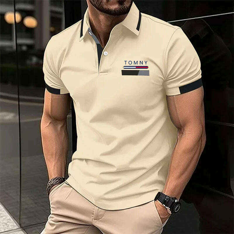 KIMLUD, Bss summer new men's casual short sleeved polo shirt Office Fashion striped printed T-shirt men's sportswear men's clothing, Beige / S, KIMLUD Womens Clothes