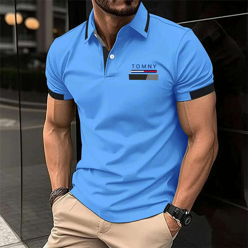 KIMLUD, Bss summer new men's casual short sleeved polo shirt Office Fashion striped printed T-shirt men's sportswear men's clothing, Blue / L, KIMLUD Womens Clothes