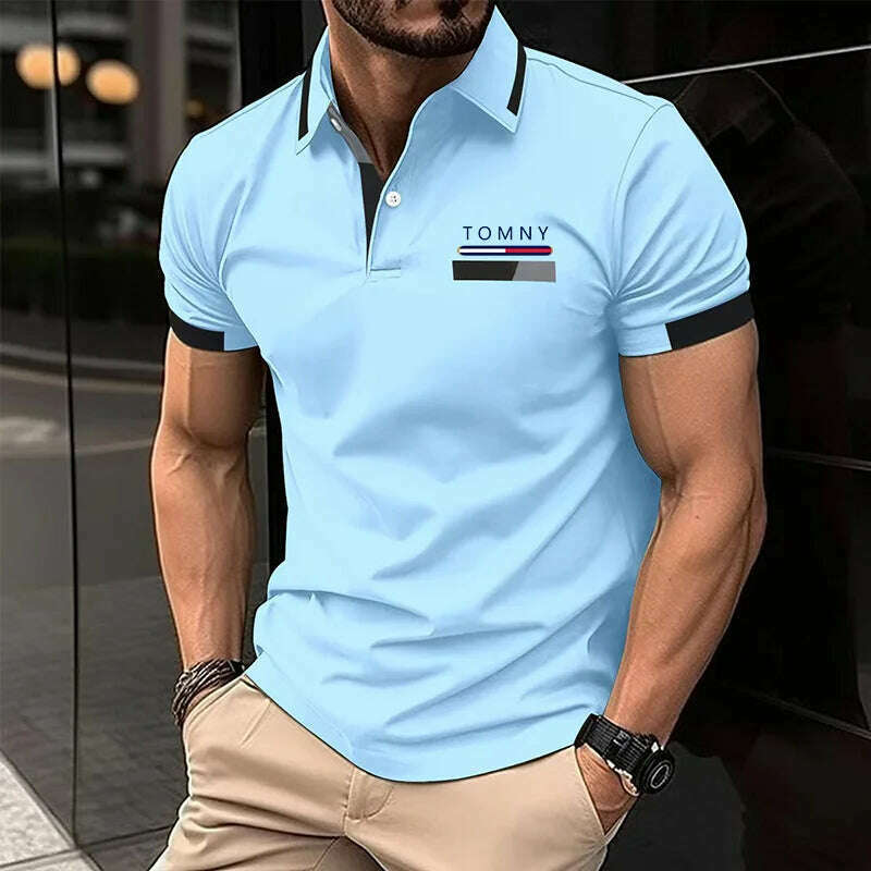 KIMLUD, Bss summer new men's casual short sleeved polo shirt Office Fashion striped printed T-shirt men's sportswear men's clothing, Sky blue / XXL, KIMLUD Womens Clothes