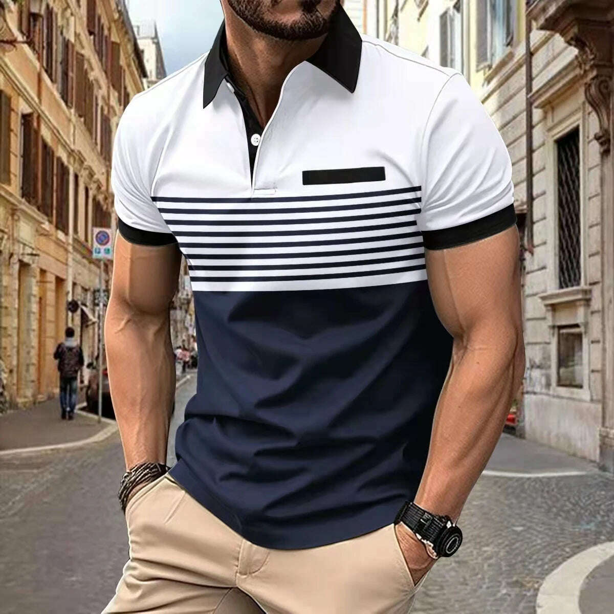 KIMLUD, Bss summer new men's casual short sleeved polo shirt Office Fashion striped printed T-shirt men's sportswear men's clothing, 11 / M, KIMLUD Womens Clothes