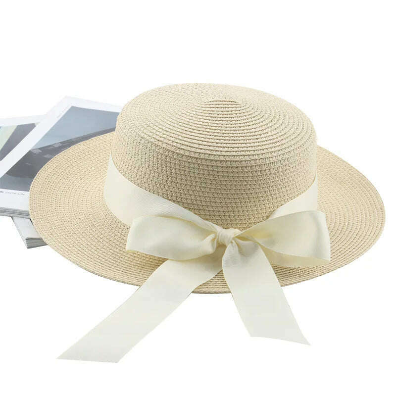 Bucket Hat Beach Summer Straw Hats for Women Flat Top Ribbon Bowknot Elegant Luxury Straw Women Summer Hats Sombreros De Mujer - KIMLUD