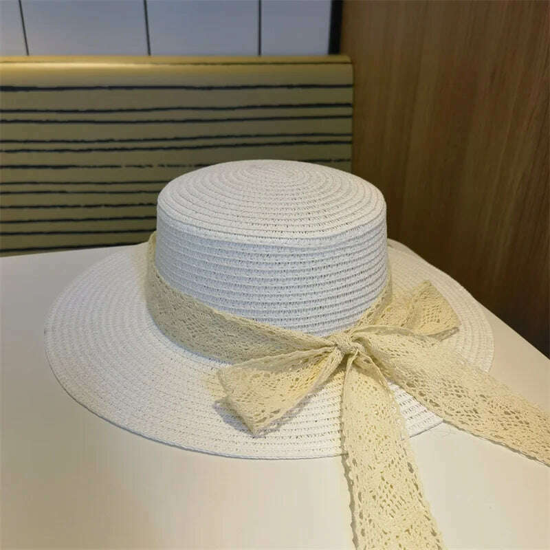 Bucket Hat Beach Summer Straw Hats for Women Flat Top Ribbon Bowknot Elegant Luxury Straw Women Summer Hats Sombreros De Mujer - KIMLUD