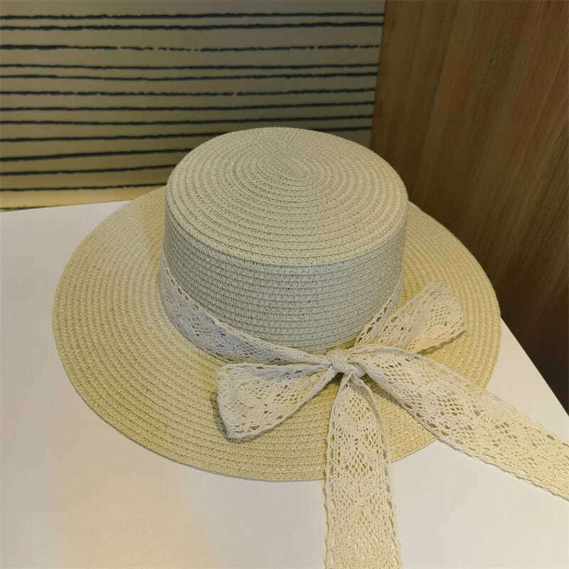 Bucket Hat Beach Summer Straw Hats for Women Flat Top Ribbon Bowknot Elegant Luxury Straw Women Summer Hats Sombreros De Mujer - KIMLUD