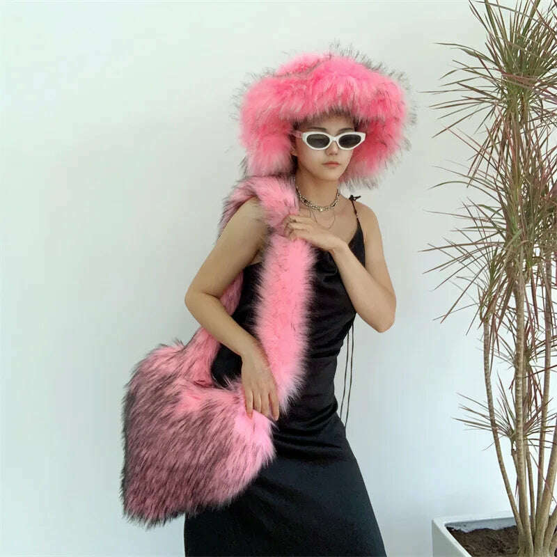 KIMLUD, Bucket Orange Hat Love Bag Winter Warmth Thickened Imitation Raccoon Fur Fisherman Hat Women's Bucket Hat Fur Hat sets, KIMLUD Womens ClothesKIMLUD, Bucket Orange Hat Love Bag Winter Warmth Thickened Imitation Raccoon Fur Fisherman Hat Women's Bucket Hat Fur Hat sets, 3 / M55-58cm, KIMLUD APPAREL - Womens Clothes