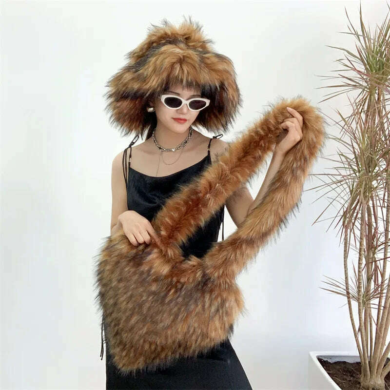 KIMLUD, Bucket Orange Hat Love Bag Winter Warmth Thickened Imitation Raccoon Fur Fisherman Hat Women's Bucket Hat Fur Hat sets, KIMLUD Womens ClothesKIMLUD, Bucket Orange Hat Love Bag Winter Warmth Thickened Imitation Raccoon Fur Fisherman Hat Women's Bucket Hat Fur Hat sets, 4 / M55-58cm, KIMLUD APPAREL - Womens Clothes