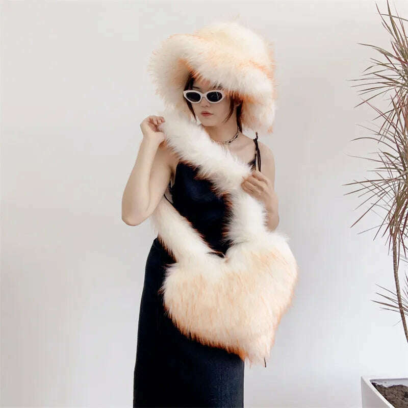 KIMLUD, Bucket Orange Hat Love Bag Winter Warmth Thickened Imitation Raccoon Fur Fisherman Hat Women's Bucket Hat Fur Hat sets, KIMLUD Womens ClothesKIMLUD, Bucket Orange Hat Love Bag Winter Warmth Thickened Imitation Raccoon Fur Fisherman Hat Women's Bucket Hat Fur Hat sets, 8 / M55-58cm, KIMLUD APPAREL - Womens Clothes