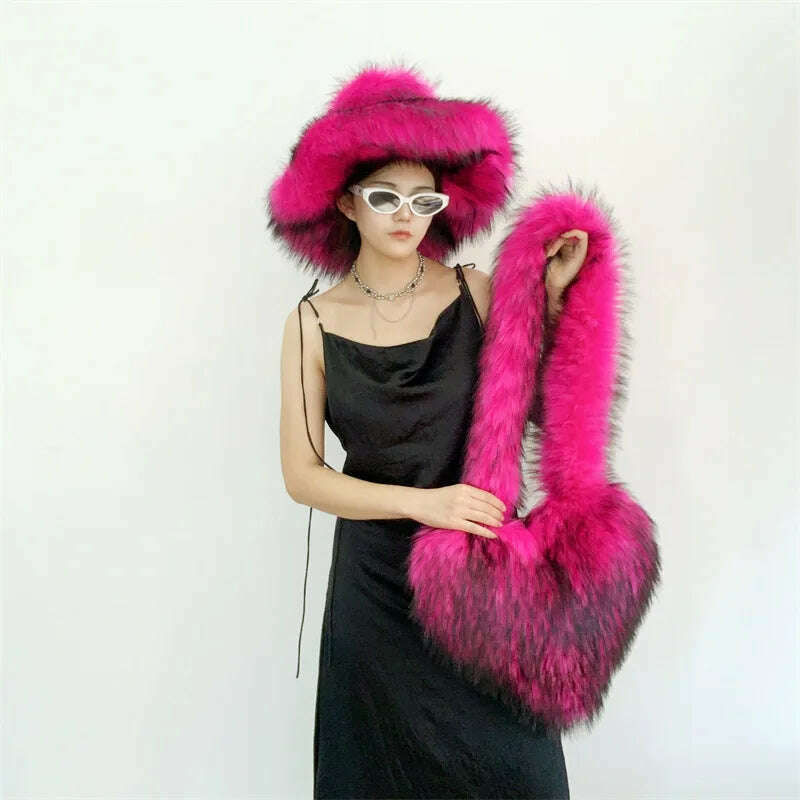 KIMLUD, Bucket Orange Hat Love Bag Winter Warmth Thickened Imitation Raccoon Fur Fisherman Hat Women's Bucket Hat Fur Hat sets, KIMLUD Womens ClothesKIMLUD, Bucket Orange Hat Love Bag Winter Warmth Thickened Imitation Raccoon Fur Fisherman Hat Women's Bucket Hat Fur Hat sets, 10 / M55-58cm, KIMLUD APPAREL - Womens Clothes