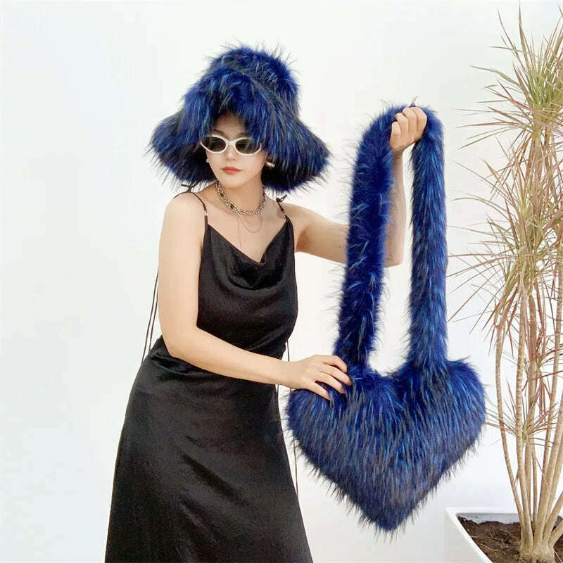 KIMLUD, Bucket Orange Hat Love Bag Winter Warmth Thickened Imitation Raccoon Fur Fisherman Hat Women's Bucket Hat Fur Hat sets, KIMLUD Womens ClothesKIMLUD, Bucket Orange Hat Love Bag Winter Warmth Thickened Imitation Raccoon Fur Fisherman Hat Women's Bucket Hat Fur Hat sets, 11 / M55-58cm, KIMLUD APPAREL - Womens Clothes