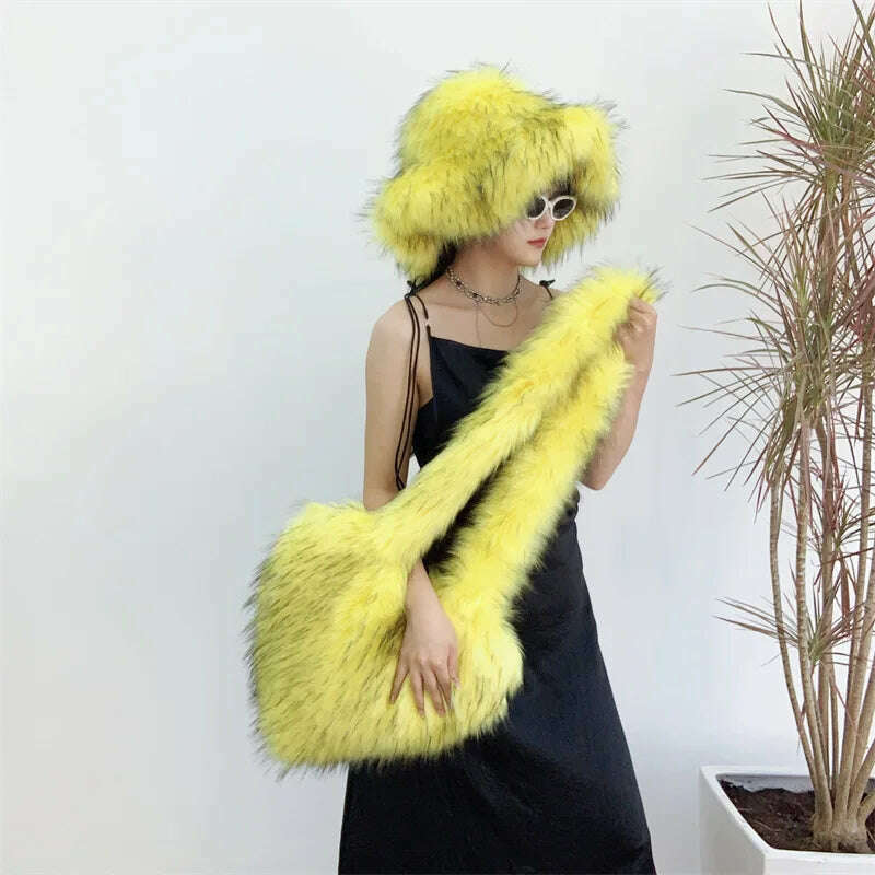 KIMLUD, Bucket Orange Hat Love Bag Winter Warmth Thickened Imitation Raccoon Fur Fisherman Hat Women's Bucket Hat Fur Hat sets, KIMLUD Womens ClothesKIMLUD, Bucket Orange Hat Love Bag Winter Warmth Thickened Imitation Raccoon Fur Fisherman Hat Women's Bucket Hat Fur Hat sets, 12 / M55-58cm, KIMLUD APPAREL - Womens Clothes