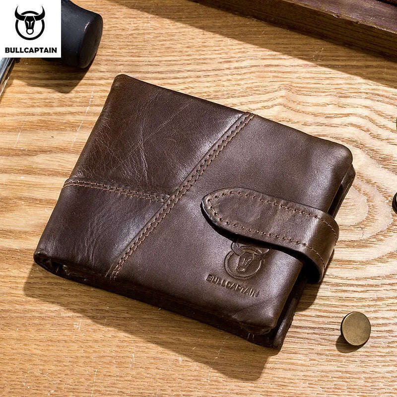 KIMLUD, BULLCAPTAIN Leather Wallet Men's RFID Card Holder Coin Purse Zipper Men's Short Wallet Fashion Men's Wallet Brown, KIMLUD Womens Clothes