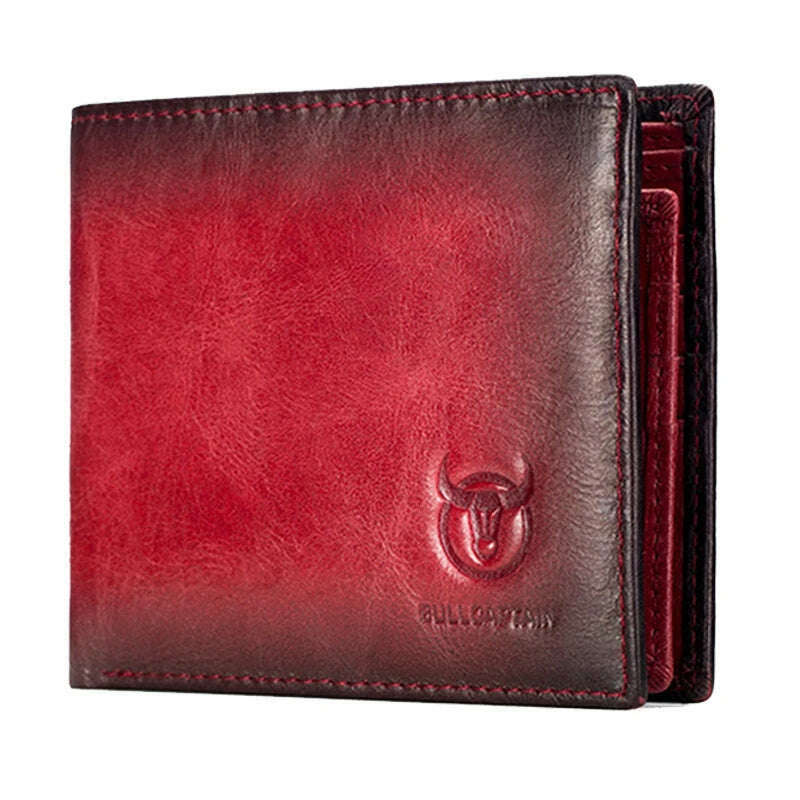 KIMLUD, BULLCAPTAIN RFID Men's Leather Anti-Theft Brush Wallet Double Ultra-Thin Short Wallet Multi-Card Position ID Bag, Red One size, KIMLUD Womens Clothes