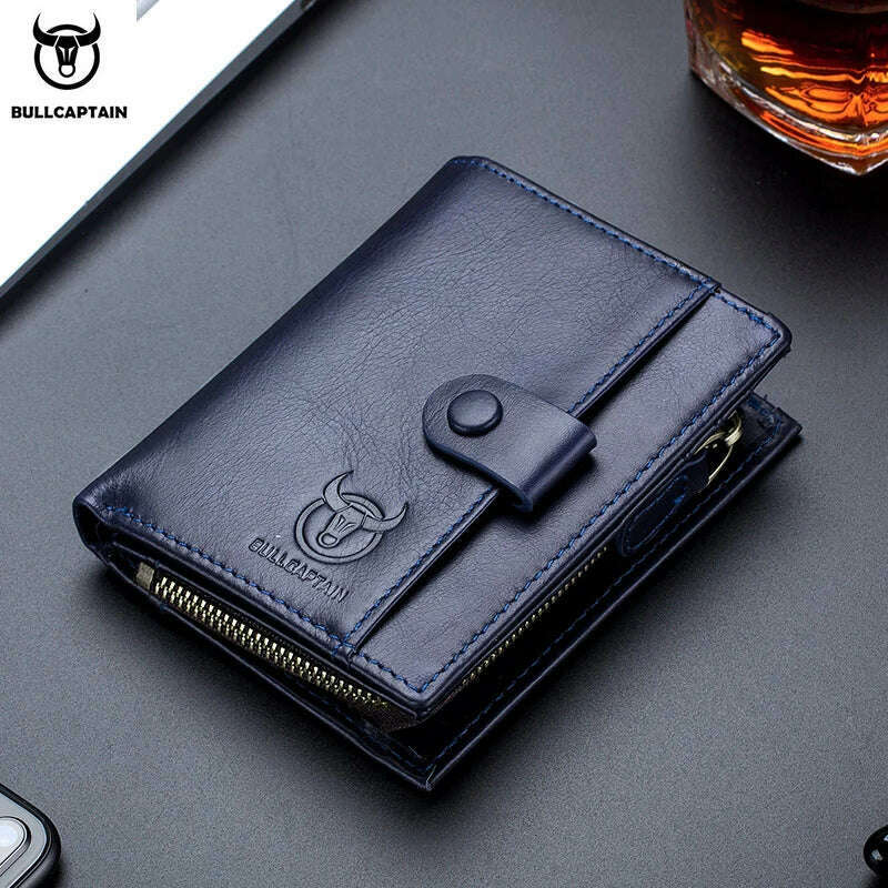KIMLUD, BULLCAPTAIN RFID Men's Wallet Leather Men's Coin Purse Zipper Wallet Card Coin Wallet Holder Credit Card Bag, Blue, KIMLUD Womens Clothes