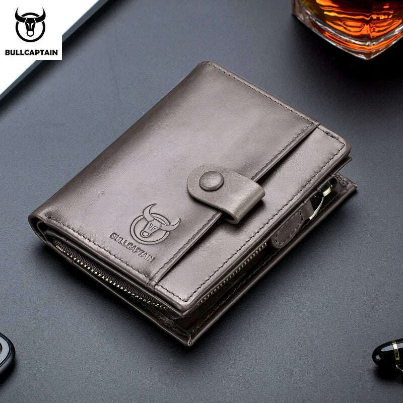 KIMLUD, BULLCAPTAIN RFID Men's Wallet Leather Men's Coin Purse Zipper Wallet Card Coin Wallet Holder Credit Card Bag, Gray, KIMLUD Womens Clothes