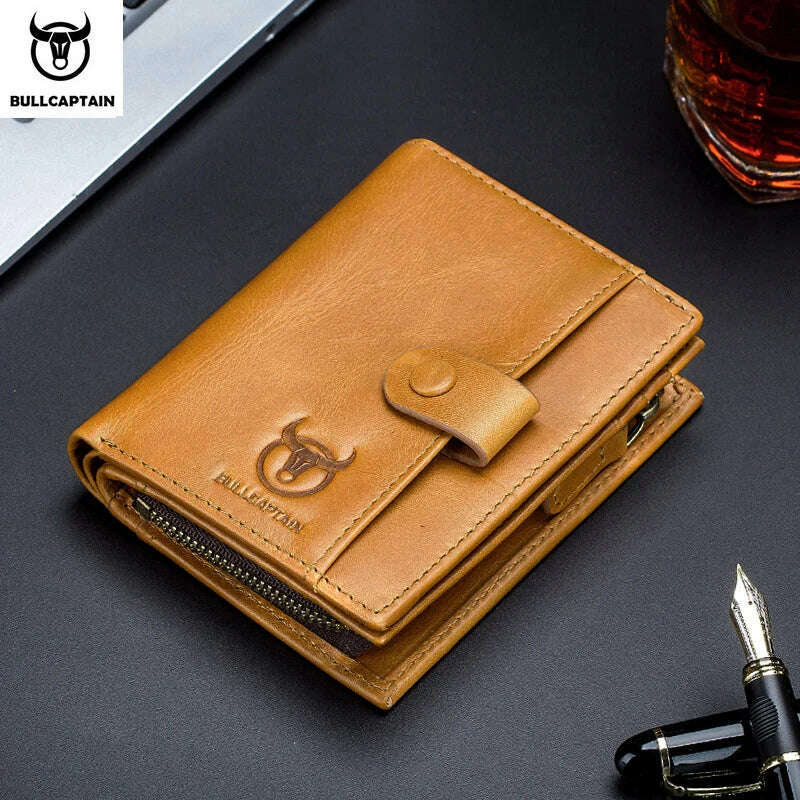 KIMLUD, BULLCAPTAIN RFID Men's Wallet Leather Men's Coin Purse Zipper Wallet Card Coin Wallet Holder Credit Card Bag, brown, KIMLUD Womens Clothes