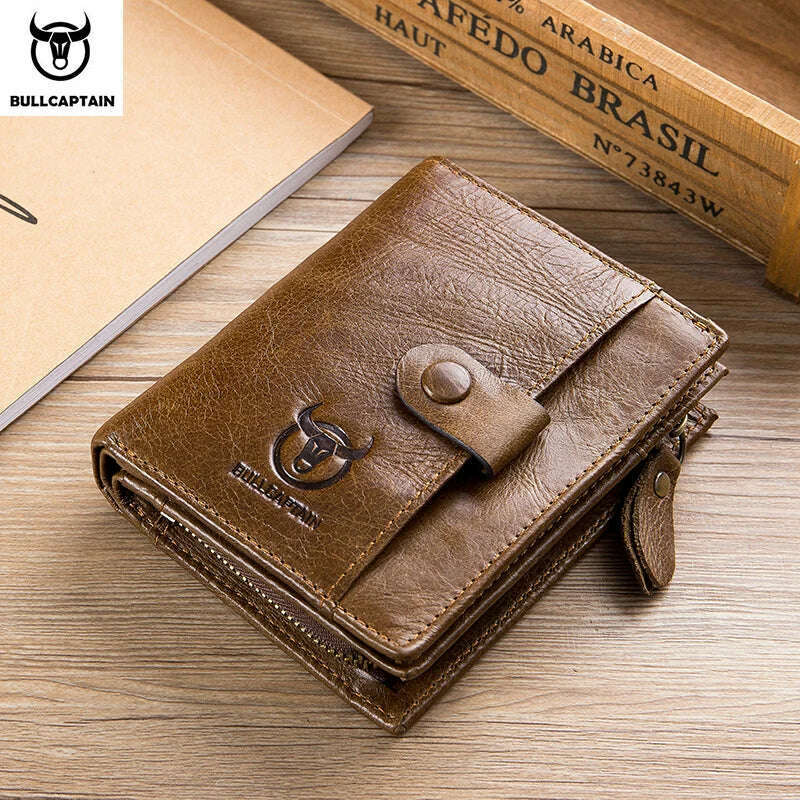 KIMLUD, BULLCAPTAIN RFID Men's Wallet Leather Men's Coin Purse Zipper Wallet Card Coin Wallet Holder Credit Card Bag, Light brown, KIMLUD Womens Clothes