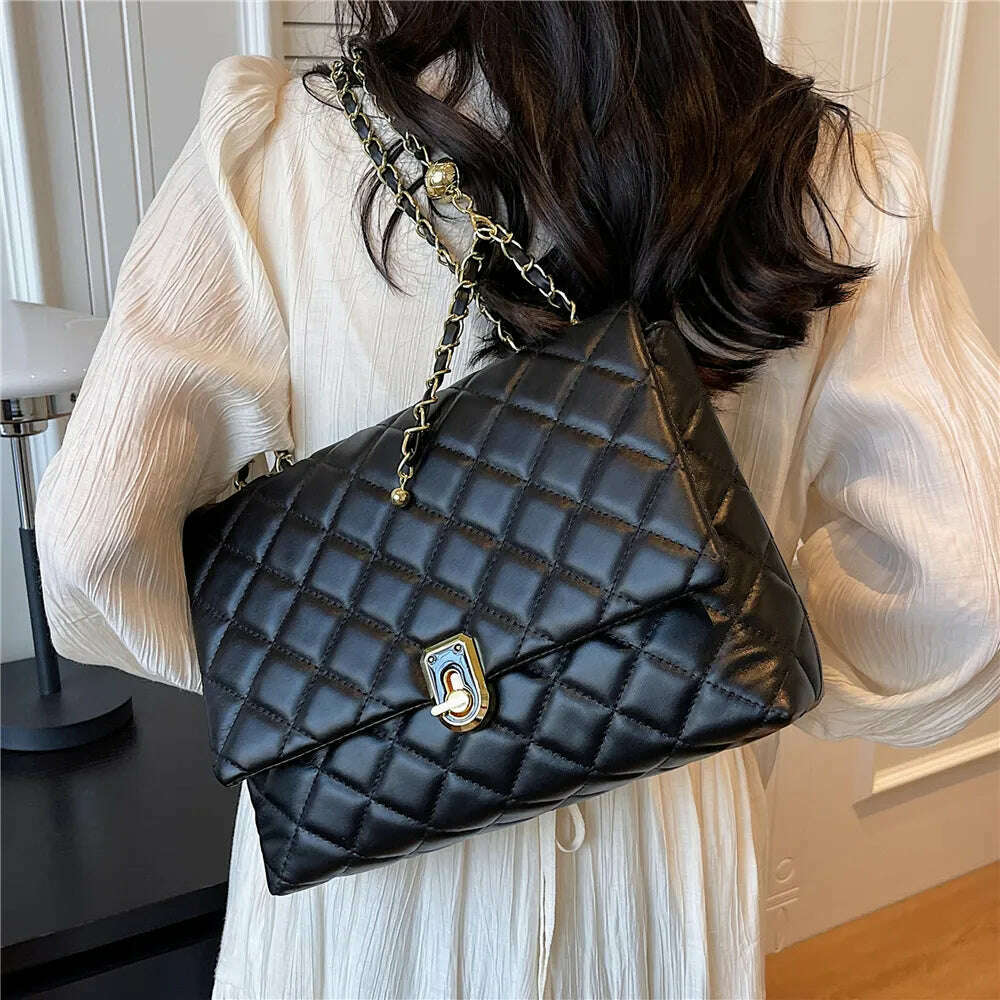 KIMLUD, Burminsa Quilted Large Chain Shoulder Bags For Women 2023 Luxury Designer Crossbody Bags PU Leather Ladies Handbags Black White, KIMLUD Womens Clothes
