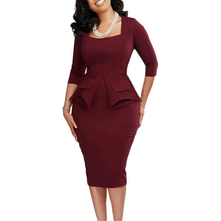 KIMLUD, Business Bodycon Midi Dress Women Solid Square Collar 3/4 Sleeve Slim Fit Zipper Up Work Party Pencil Dress with Pocket, KIMLUD Womens Clothes