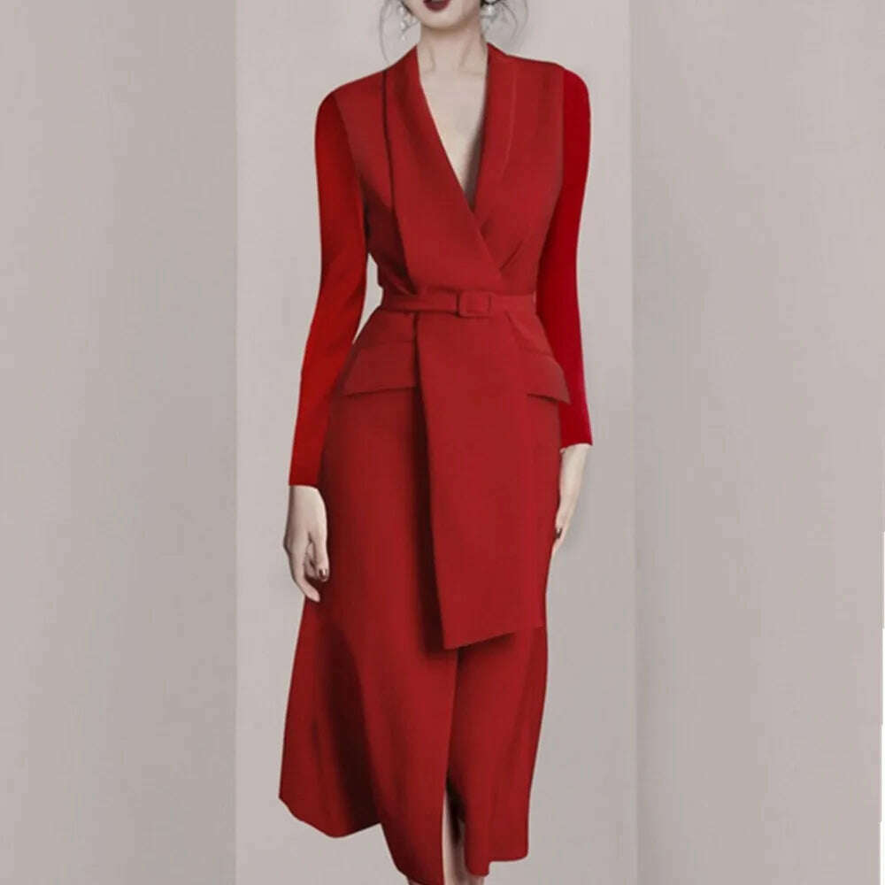 KIMLUD, Business Elegant Vestido Da Festa 2024 New Autumn And Winter Korean OL Belt Waist Notched Neck Slim Long Sleeve Red Dresses, KIMLUD Women's Clothes