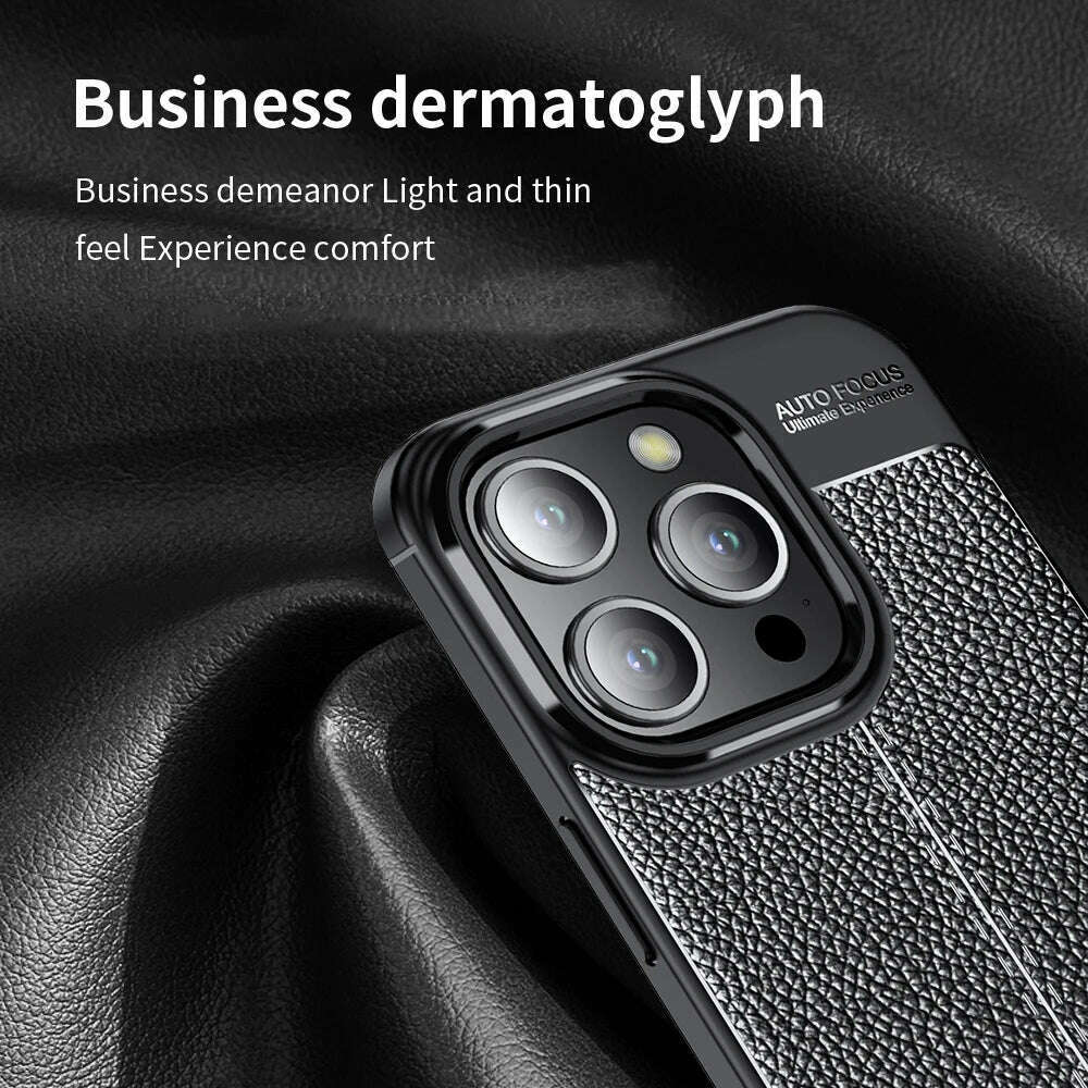 Business Style Litchi Pattern Silicone Shockproof Case For iPhone 15 14 13 12 11 Pro Xs Max XR 7 8 6 6s Plus SE 2020 Back Cover - KIMLUD