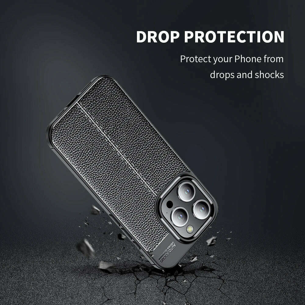 Business Style Litchi Pattern Silicone Shockproof Case For iPhone 15 14 13 12 11 Pro Xs Max XR 7 8 6 6s Plus SE 2020 Back Cover - KIMLUD