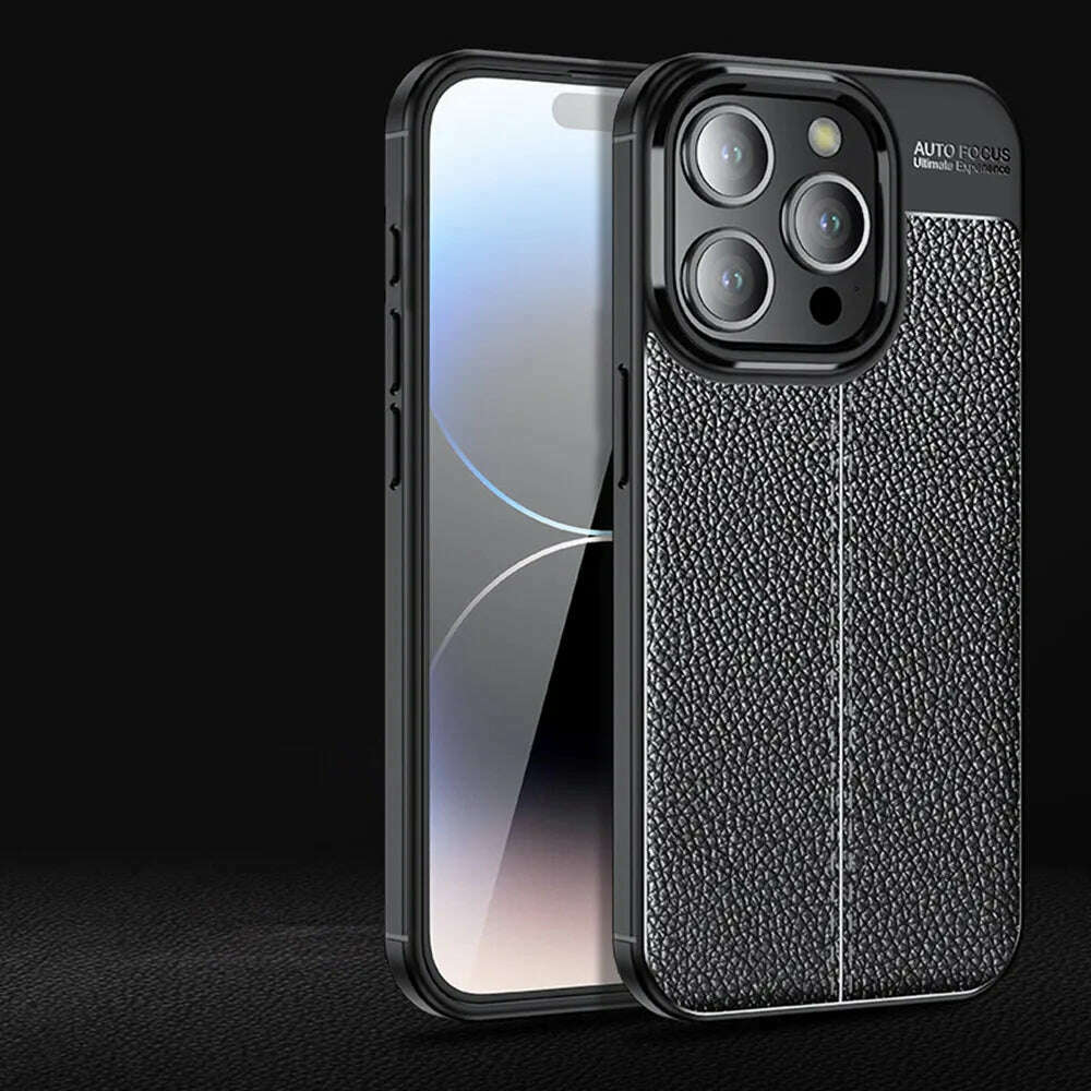 Business Style Litchi Pattern Silicone Shockproof Case For iPhone 15 14 13 12 11 Pro Xs Max XR 7 8 6 6s Plus SE 2020 Back Cover - KIMLUD