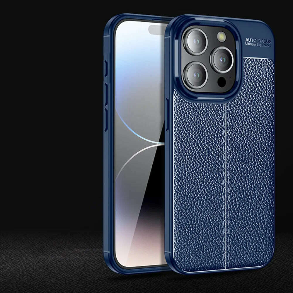 Business Style Litchi Pattern Silicone Shockproof Case For iPhone 15 14 13 12 11 Pro Xs Max XR 7 8 6 6s Plus SE 2020 Back Cover - KIMLUD