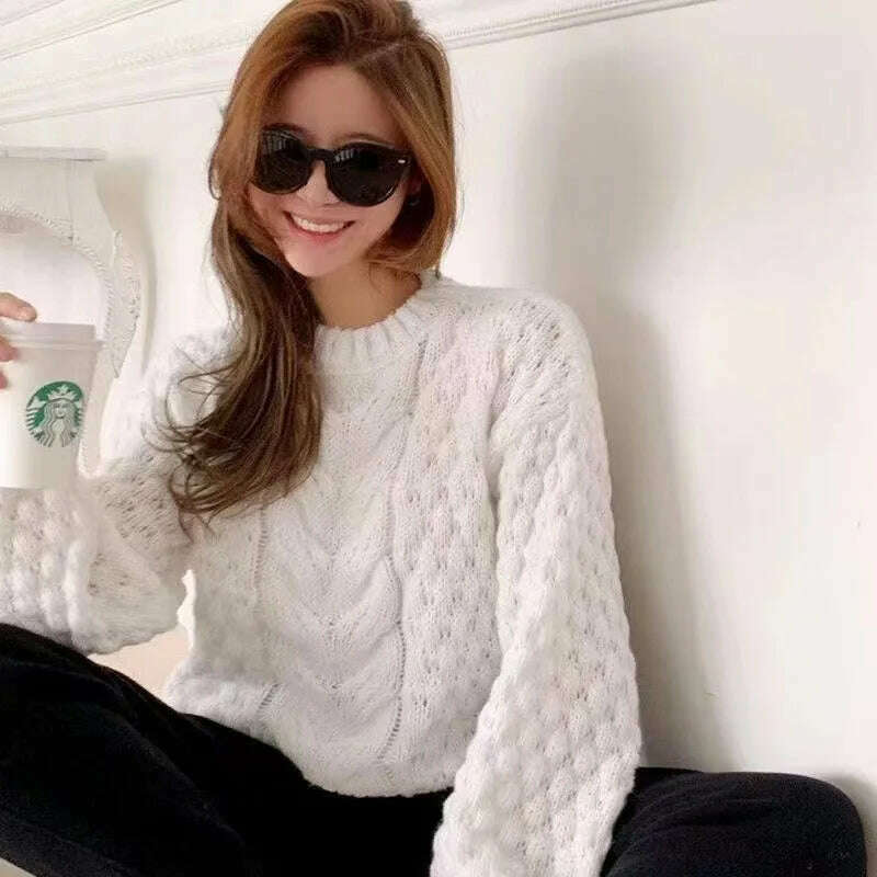 KIMLUD, C Women Lantern Long Sleeve Female Oversize Pullovers Chic Tops Elegant Twist Knitted Sweater Jumper, WHITE / One Size, KIMLUD Womens Clothes