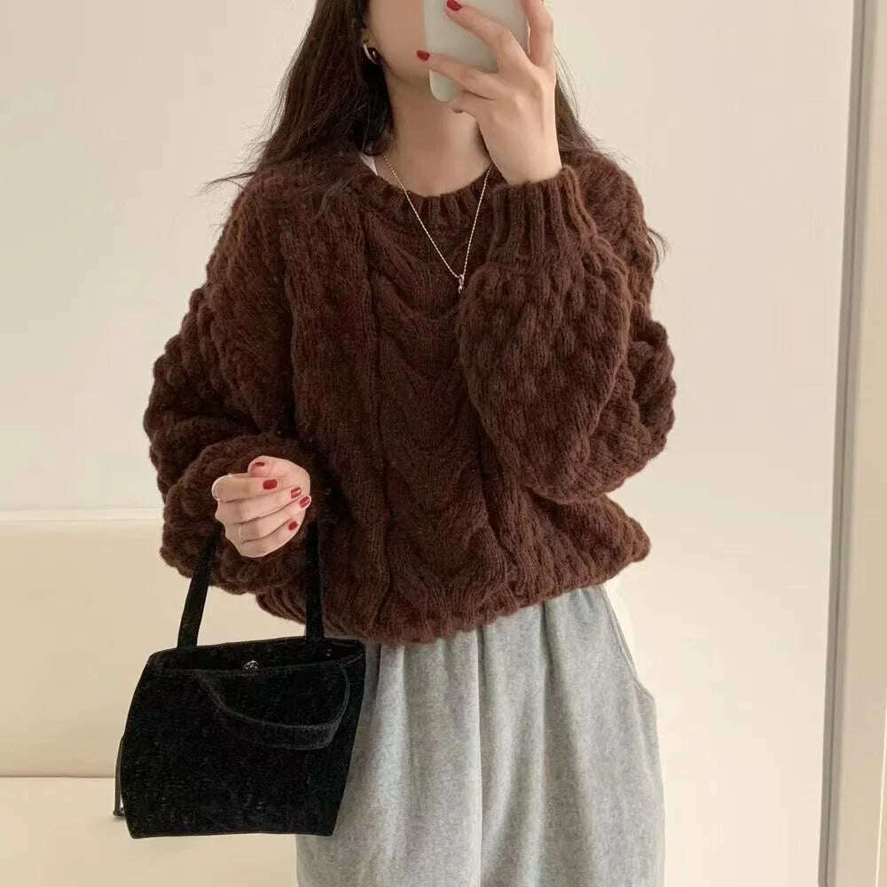 KIMLUD, C Women Lantern Long Sleeve Female Oversize Pullovers Chic Tops Elegant Twist Knitted Sweater Jumper, Coffee / One Size, KIMLUD Womens Clothes