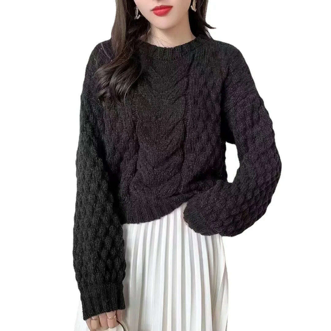 KIMLUD, C Women Lantern Long Sleeve Female Oversize Pullovers Chic Tops Elegant Twist Knitted Sweater Jumper, KIMLUD Womens Clothes