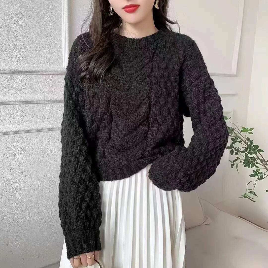 KIMLUD, C Women Lantern Long Sleeve Female Oversize Pullovers Chic Tops Elegant Twist Knitted Sweater Jumper, black / One Size, KIMLUD Womens Clothes