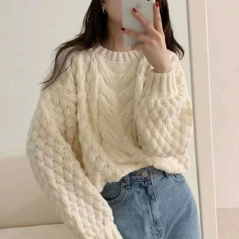 KIMLUD, C Women Lantern Long Sleeve Female Oversize Pullovers Chic Tops Elegant Twist Knitted Sweater Jumper, KIMLUD Womens Clothes
