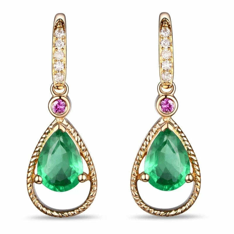 KIMLUD, Caimao Jewelry 14k Yellow Gold Natural Pear Cut 5x7mm Emerald & 0.08ct Diamonds Pink Sapphires Engagement Earrings, KIMLUD Womens Clothes