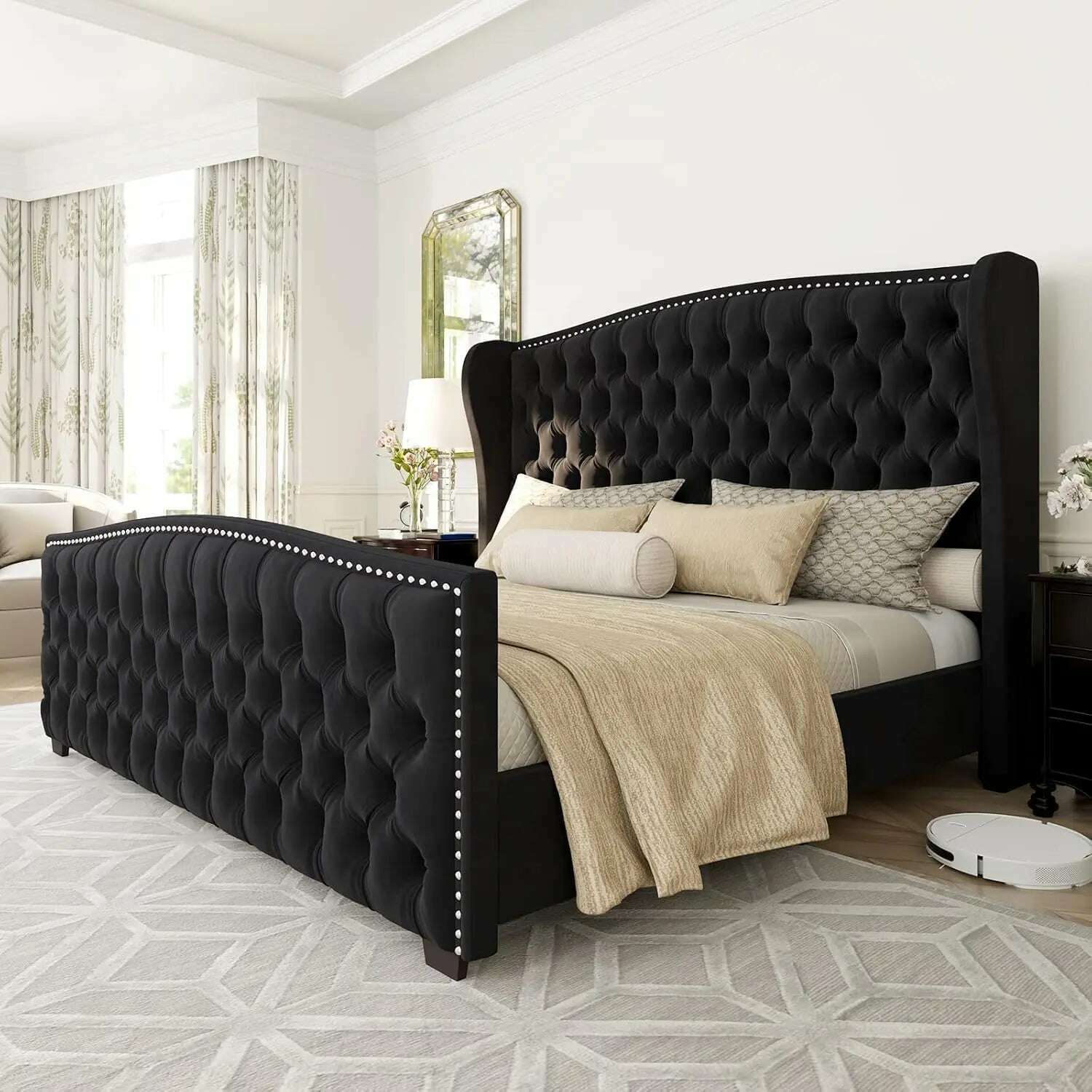 KIMLUD, California King Size Platform Bed Frame, Velvet Upholstered Bed with Deep Button Tufted & Nailhead Trim Wingback Headboard,Black, United States / King, KIMLUD APPAREL - Womens Clothes