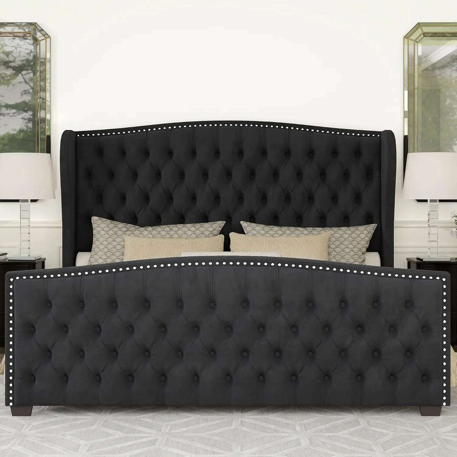 KIMLUD, California King Size Platform Bed Frame, Velvet Upholstered Bed with Deep Button Tufted & Nailhead Trim Wingback Headboard,Black, KIMLUD Womens Clothes