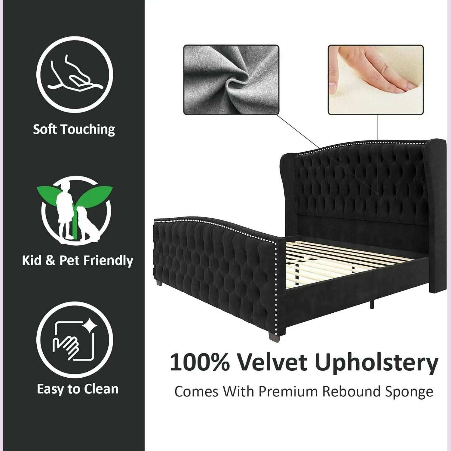 KIMLUD, California King Size Platform Bed Frame, Velvet Upholstered Bed with Deep Button Tufted & Nailhead Trim Wingback Headboard,Black, KIMLUD Womens Clothes