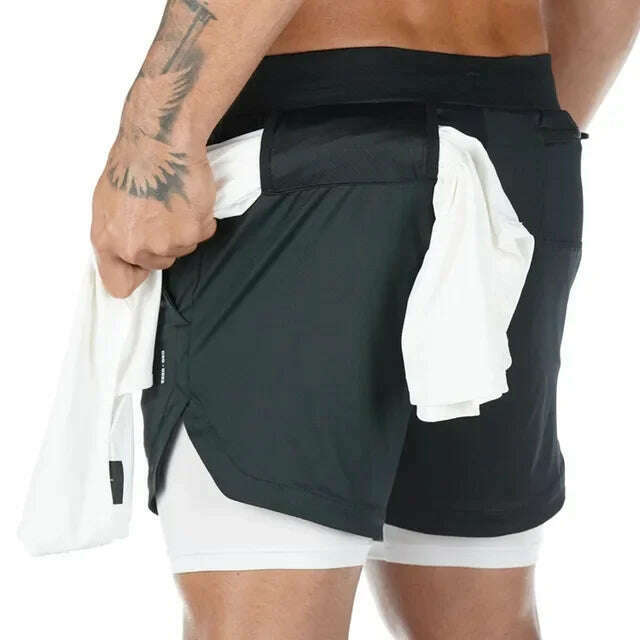 KIMLUD, Camo Running Shorts Men Gym Sports Shorts 2 In 1 Quick Dry Workout Training Gym Fitness Jogging Short Pants Summer Men Shorts, Black White / M, KIMLUD Womens Clothes