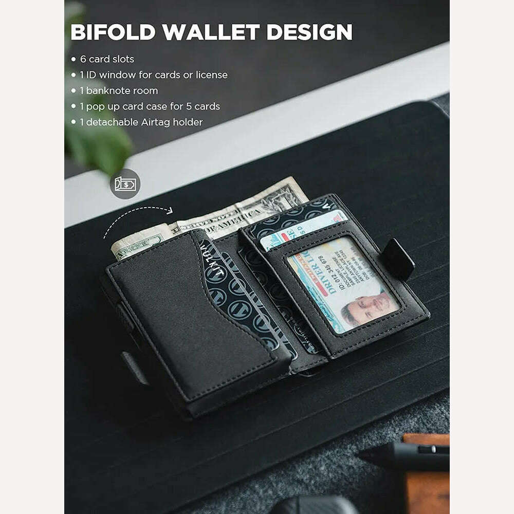 Card Holder Wallet with Airtag Holder Pop Up Leather Wallet RFID Blocking Magnetic Closure for Men - KIMLUD
