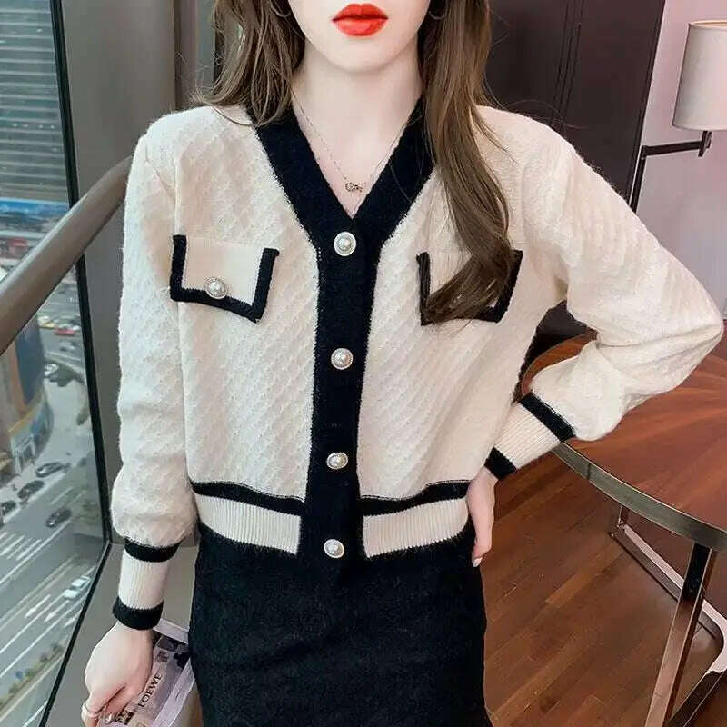 KIMLUD, Cardigan Sweater Women's 2024 Spring and Autumn New Style Small Fragrant V-neck Coat Short Western-style Bottom Shirt Top, KIMLUD Womens Clothes