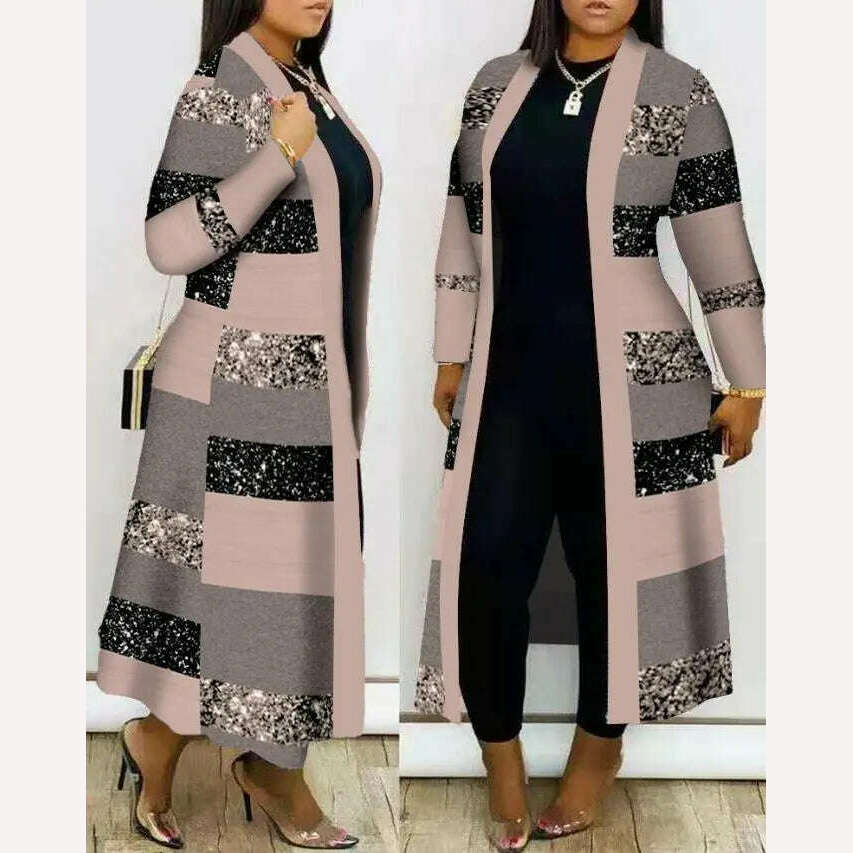 KIMLUD, Cardigan Women's Fashion 2022 Autumn Colorblock Striped Print Open Front Longline Coat Casual Elegant Large Jacket, 3AA / S, KIMLUD Womens Clothes