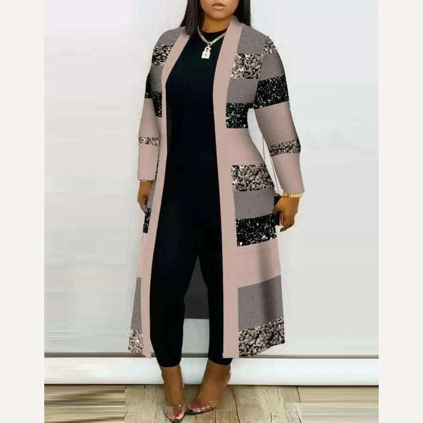 KIMLUD, Cardigan Women's Fashion 2022 Autumn Colorblock Striped Print Open Front Longline Coat Casual Elegant Large Jacket, KIMLUD Womens Clothes