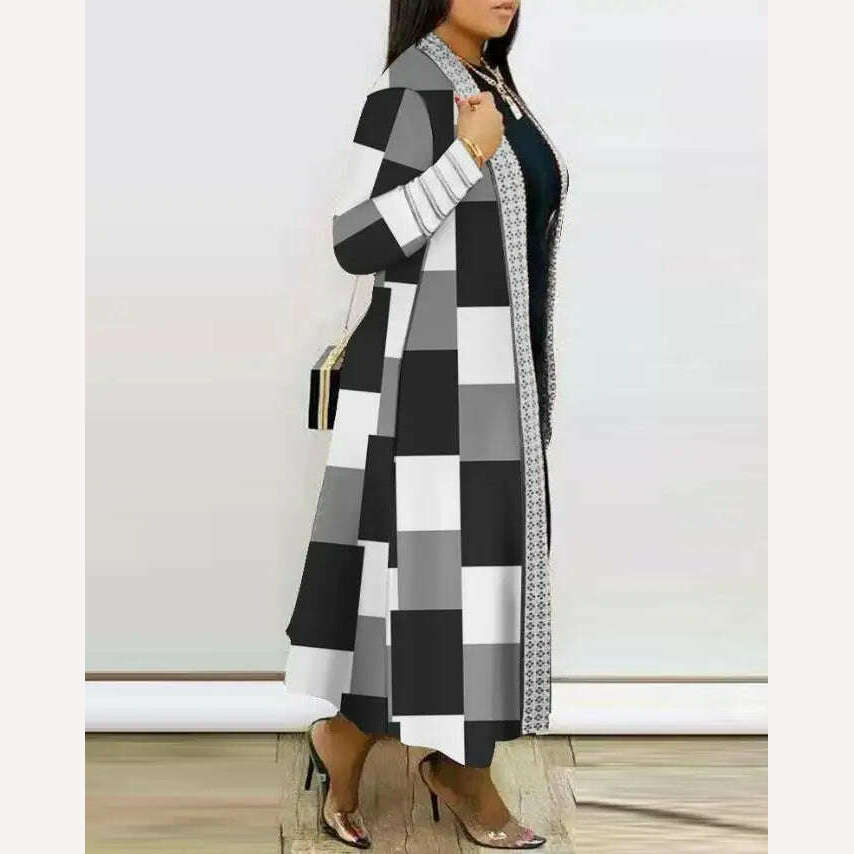 KIMLUD, Cardigan Women's Fashion 2022 Autumn Colorblock Striped Print Open Front Longline Coat Casual Elegant Large Jacket, KIMLUD Womens Clothes