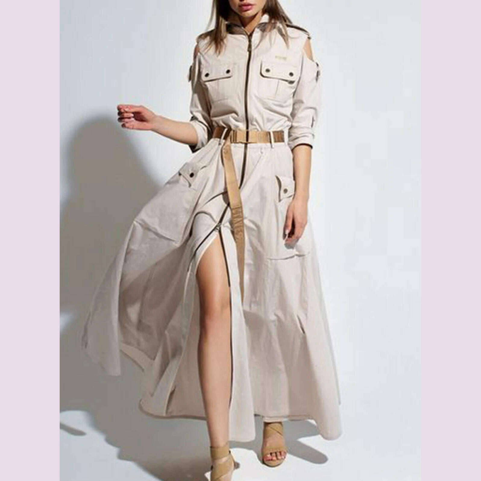 Cargo Dress for Women Vintage Zipper Fly Pockets Vintage High Street Cutout Shoulder Turn Down Collar with Belt Long Dresses - KIMLUD