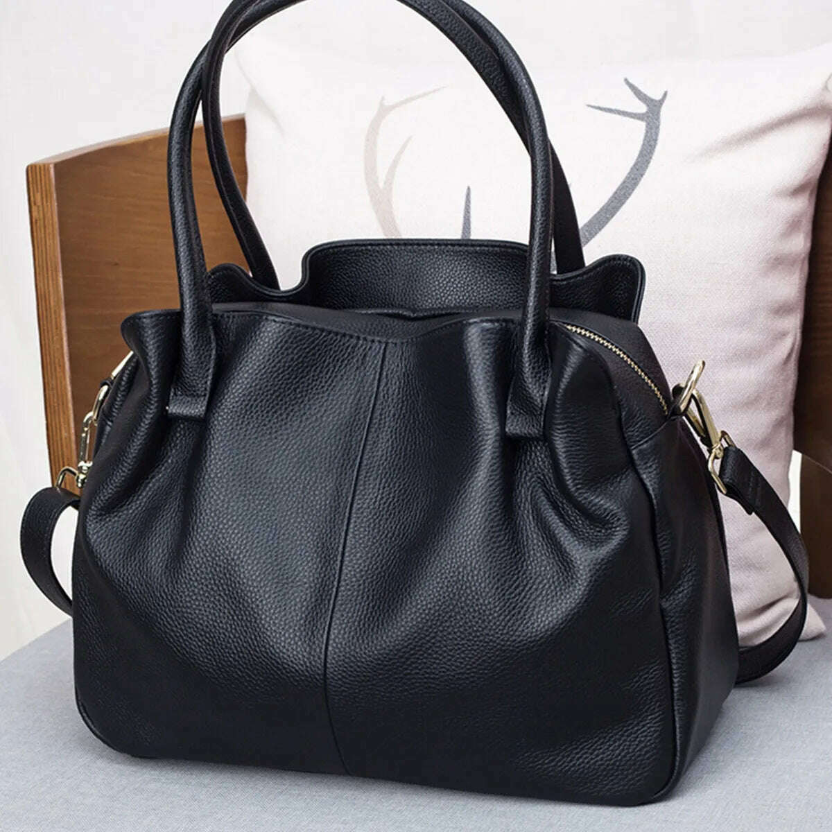 KIMLUD, Casual Black Genuine Leather Bag for Women First Layer Cow Leather Handbag 2023 New Fashion Ladies Tote or Shoulder Bags, KIMLUD Womens Clothes
